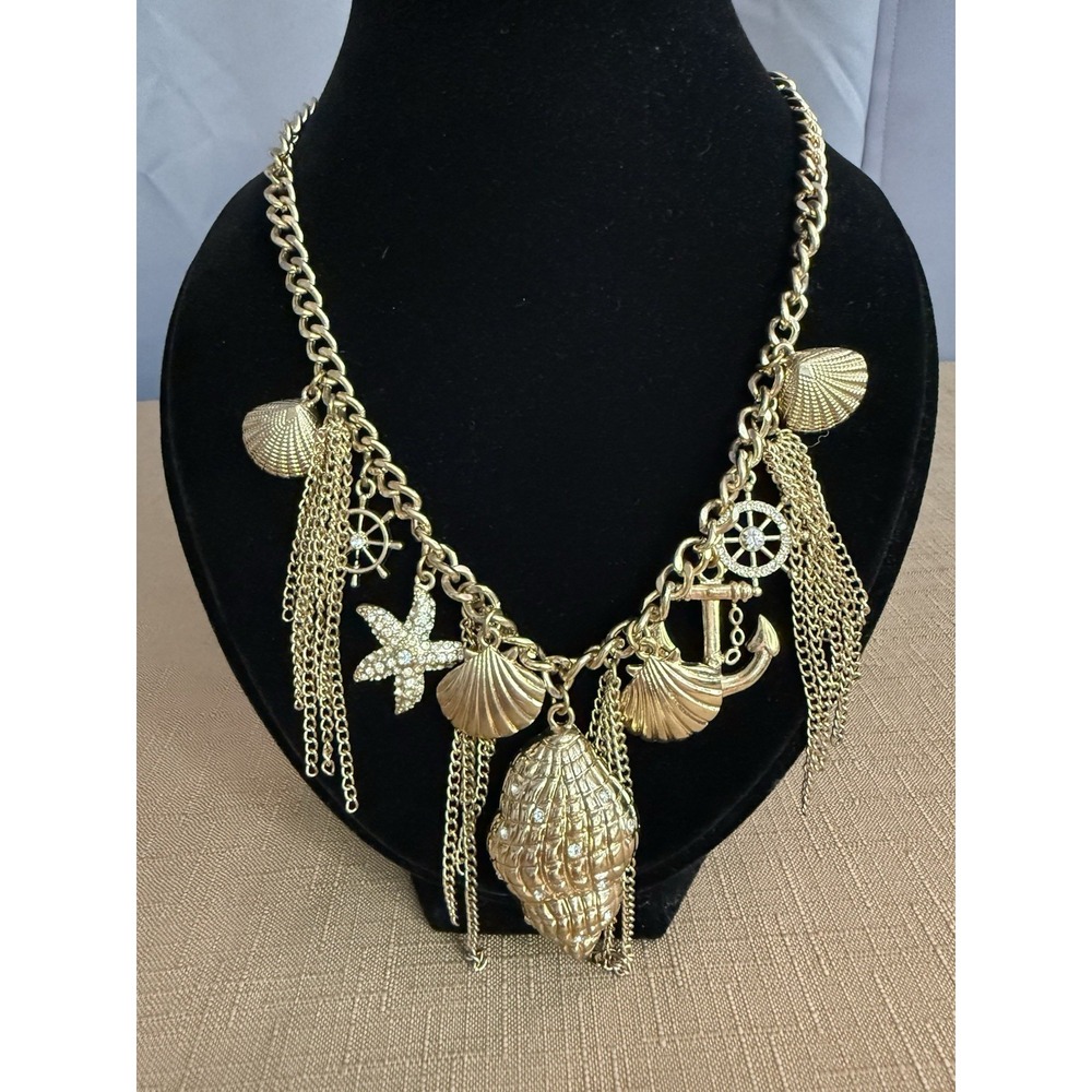 Gold Seashell Charm Statement Necklace Beach Coastal Boho Bib Jewelry Chain